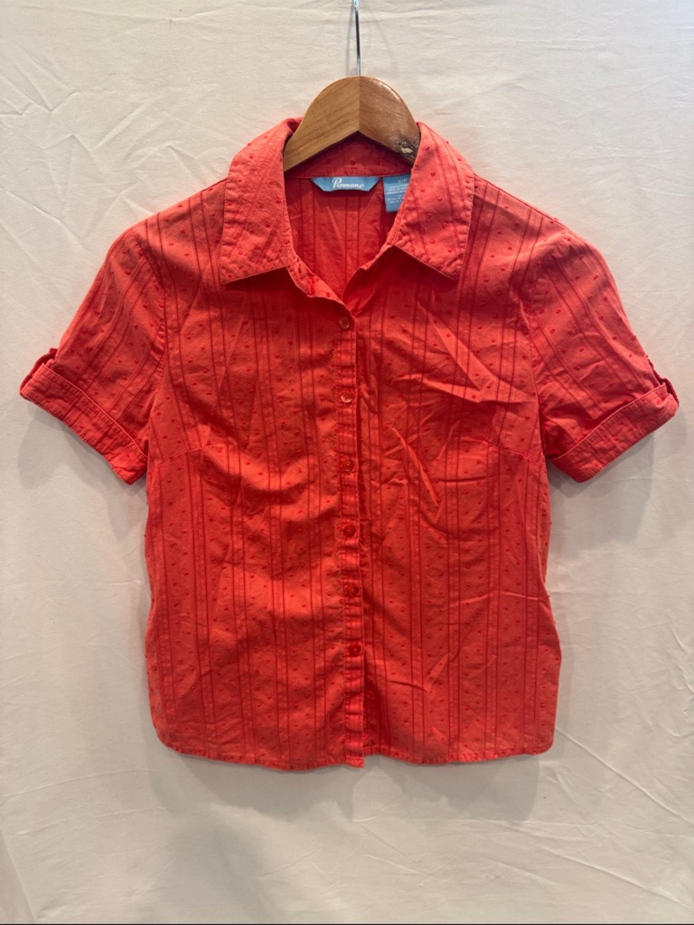 Vintage Bright Red 100% Cotton Short Sleeve Button-Up Blouse